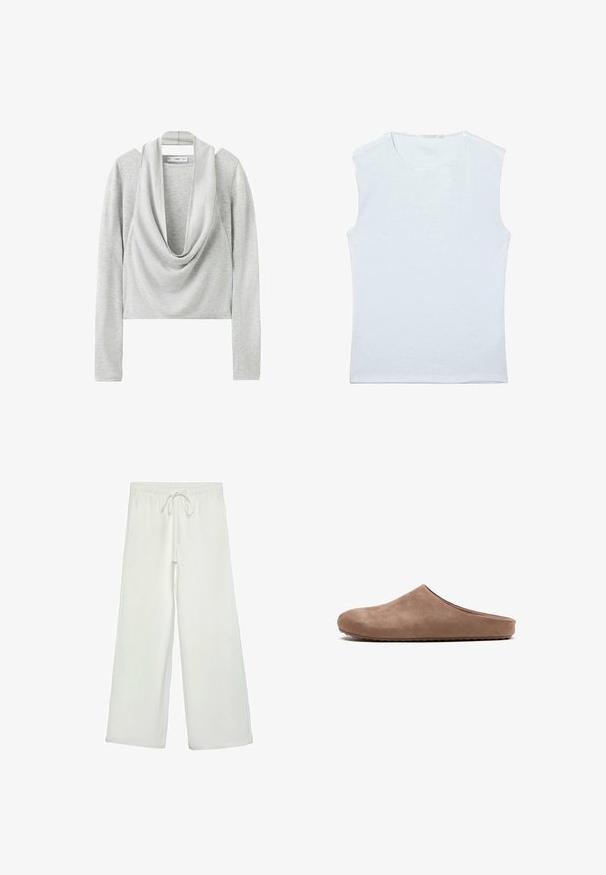 Haut court à manches longues gris clair avec un large col bénitier drapé et un tissu en maille douce.; Débardeur sans manches en coton blanc avec encolure ronde et un design simple et uni.; Pantalons larges blancs en tissu doux. Dotés d'une taille élastique avec cordon de serrage et d'une texture lisse. Aucuns motifs visibles ni éléments en métal.; Mule en daim marron à enfiler avec bout rond fermé et semelle plate texturée, photographiée de profil sur un fond blanc.