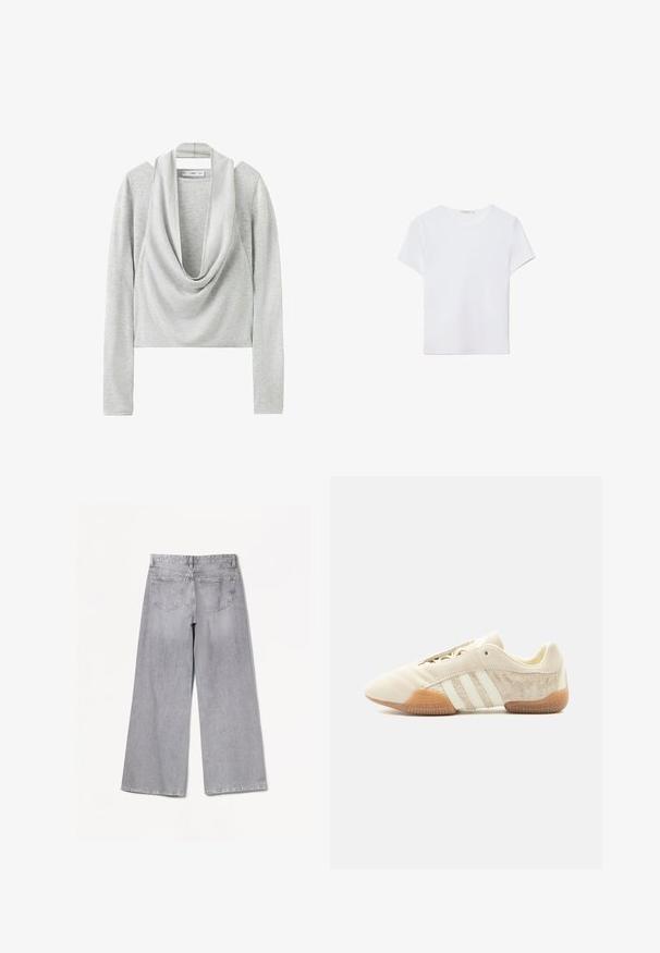 Haut court à manches longues gris clair avec un large col bénitier drapé et un tissu en maille douce.; T-shirt blanc à manches courtes en tissu doux. Dispose d'un col rond et d'un design simple et épuré avec un ourlet droit.; Jean large gris à taille haute, avec une texture lisse, deux poches arrière et des détails de couture subtils.; Baskets beige profil bas avec trois bandes blanches, panneaux latéraux en suède texturé, semelle en gomme et fermeture à lacets sur fond uni.