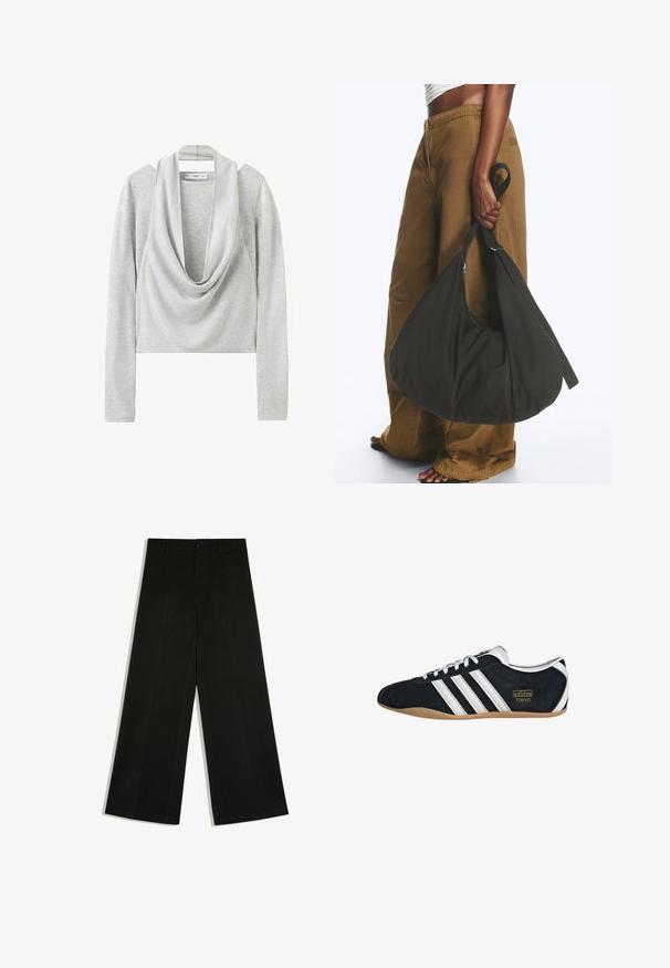 Haut court à manches longues gris clair avec un large col bénitier drapé et un tissu en maille douce.; Pantalon noir à jambes larges avec passants de ceinture, fermeture devant par bouton et zip, posé à plat sur fond blanc.; Sneakers en suede noir avec trois bandes blanches, logo doré et semelle en caoutchouc marron. Présente un design à lacets à profil bas.; Personne portant un pantalon marron à jambes larges et un haut blanc tenant un grand sac à main noir souple par sa lanière à côté d'elle.