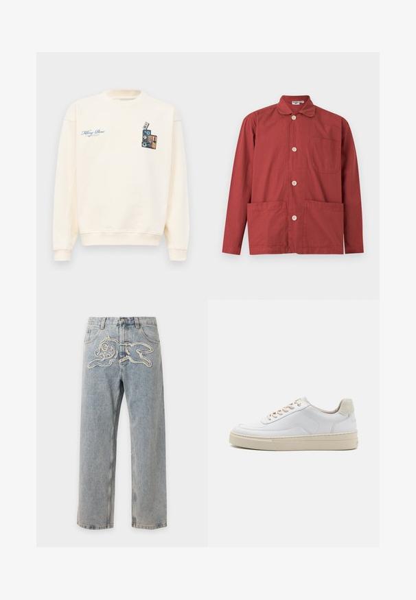 Crèmekleurige crewneck sweatshirt met blauwe tekst "Filling Pieces" op de linkerborst en een afbeelding van gestapelde vintage speakers op de rechterborst.; Jas met lange mouwen in roestrood, met knopen, een kraag, één borstzak en twee lagere voorzakken, plat gelegd op een witte achtergrond.; Lichtblauwe denim jeans met een gestikt speels konijnenontwerp aan de voorkant ter hoogte van de taille.; Witte sneaker met een gevoerd leren bovenwerk, beige veters en een gestructureerde beige suede hieltab. Verhoogde zool voor extra hoogte.