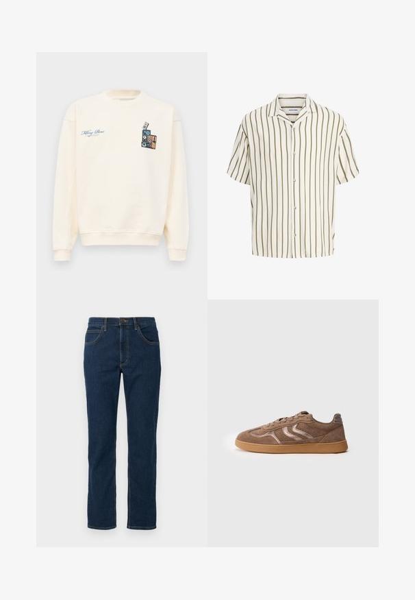 Kreemivärvi crewneck dressipluus, mille vasakul rinnal on sinine tekst "Filling Pieces" ja paremal rinnal virna vintage-kõlareid kujutav graafika.; Lühikeste varrukatega valge särk, millel on vertikaalsed oliivrohelised triibud ja ees nupud, lahtise kraega.; Tumed sinised denim teksad sirge lõikega, klassikaline viie taskuga disain, nähtav kontrastne õmblus ja nööp sulgemine.; Pruun sametist sneaker, millel on kummine tall, perforatsioonidega detailid, nõelatud chevron triibud ja nööridega sulgemine, shown küljelt valgel taustal.