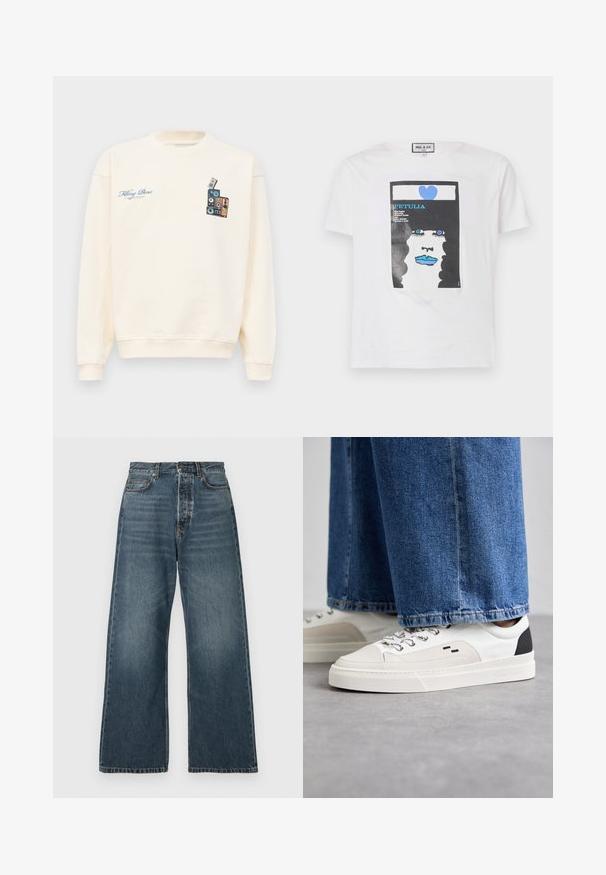 Krémový crewneck sveter s modrým textom "Filling Pieces" na ľavej hrudi a grafikou naskladaných vintage reproduktorov na pravej hrudi.; Biela bavlnená tričko s grafickým potlačou tváre s čiernymi kučeravými vlasmi, modrými perami a modrým srdcom, s textovými prvkami.; Džíny s vysokým pásom a širokými nohavicami, modrej farby, s prednými vreckami, pútkami na opasok a zapínaním na gombík, vyrobené z denimovej látky s stredným praním.; Biele a čierne tenisky s hladkým koženým zvrškom, štruktúrovanými akcentmi a masívnou bielou podrážkou. Obsahujú klasický dizajn so šnurovaním.