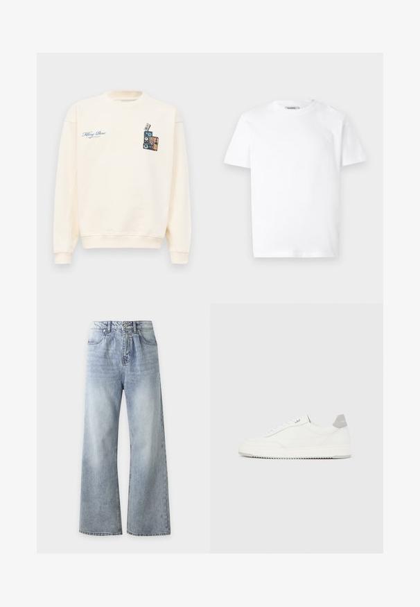 Cremefarvet crewneck sweatshirt med blå tekst "Filling Pieces" på venstre bryst og grafik af stakkede vintage højttalere på højre bryst.; Hvid bomulds T-shirt med rund hals og korte ærmer. Har et lille, præget logo på venstre bryst. Glat tekstur.; Lysblå jeans med høj talje og vide ben, forlommer, knaplukning og falmet vask på lår og knæ.; Hvid lavtop-sneaker med gråt hælflig, hvide snørebånd og tekstureret sål, vist på en ensfarvet lys baggrund.