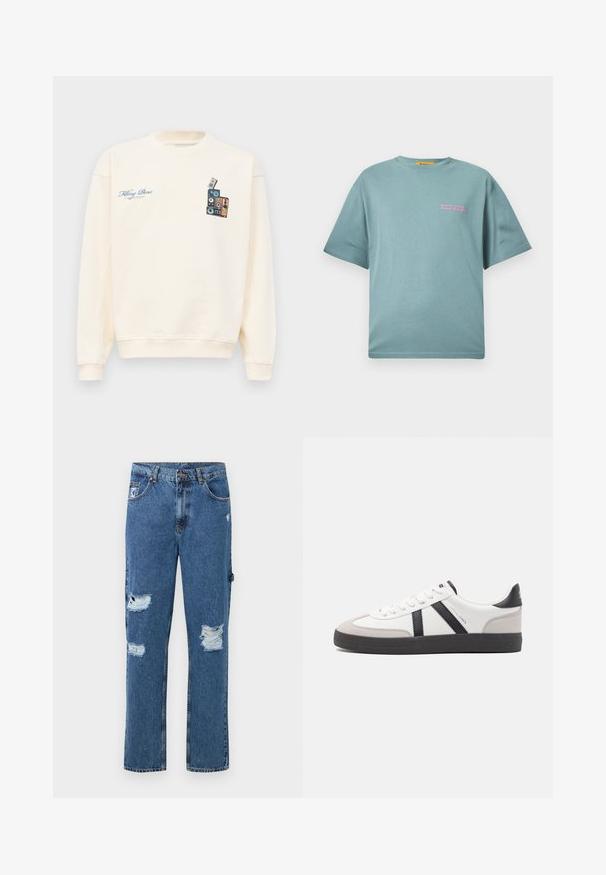 Cremefarvet crewneck sweatshirt med blå tekst "Filling Pieces" på venstre bryst og grafik af stakkede vintage højttalere på højre bryst.; Lysblå bomulds-t-shirt med en løs pasform. Har rund hals og korte ærmer. Teksten i pink på venstre bryst lyder: "Arbejd hårdt, fest hårdt."; Blå denimjeans med slidte lapper på begge ben, fem-lomme design, knaplukning og bæltestropper.; Hvide sneakers med sorte og grå detaljer, med en tekstureret grå tåhætte, sort gummisål og flade hvide snørebånd. Rent design, minimalistisk stil.