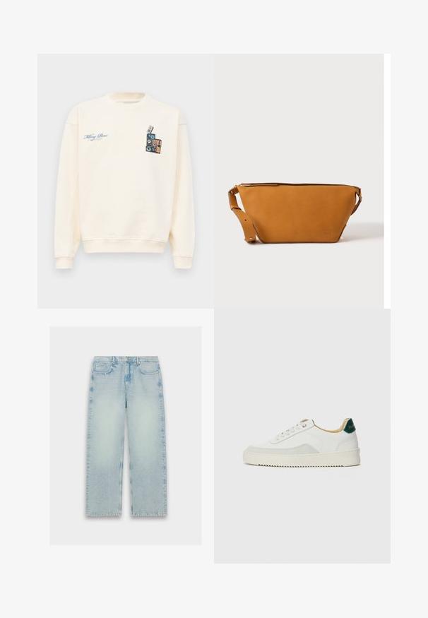 Crèmekleurige crewneck sweatshirt met blauwe tekst "Filling Pieces" op de linkerborst en een afbeelding van gestapelde vintage speakers op de rechterborst.; Lichtblauwe, high-waisted denim jeans met een rechte pijp, vervaagde textuur en klassieke vijf-pocket styling.; Witte sneaker met suède accenten, ronde neus, platte veters en een crème rubberen zool. Bevat groene branding op de hiel.; Lichtbruine leren crossbodytas met verstelbare band en ritssluiting, getoond tegen een effen lichte achtergrond.