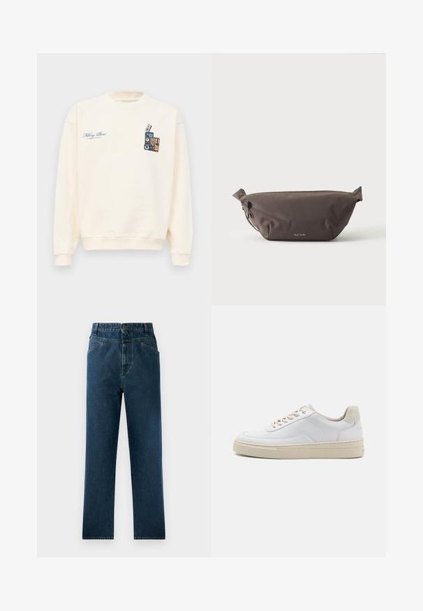 Krémový crewneck sveter s modrým textom "Filling Pieces" na ľavej hrudi a grafikou naskladaných vintage reproduktorov na pravej hrudi.; Tmavomodré džíny so rovnými nohavicami a vysokým pásom, s prednými vreckami a gombíkovým zapínaním. Textúrovaná tkanina s jemným vyblednutím.; Biele tenisky s hladkým koženým zvrškom, béžovými šnúrkami a textúrovaným béžovým semišovým pätovým panelom. Zvýšená podrážka pre väčšiu výšku.; Tmavohnedá látková ľadvinka s diagonálnym zipsovým vreckom a malým bielym logom vpredu, na jednofarebnom svetlom pozadí.
