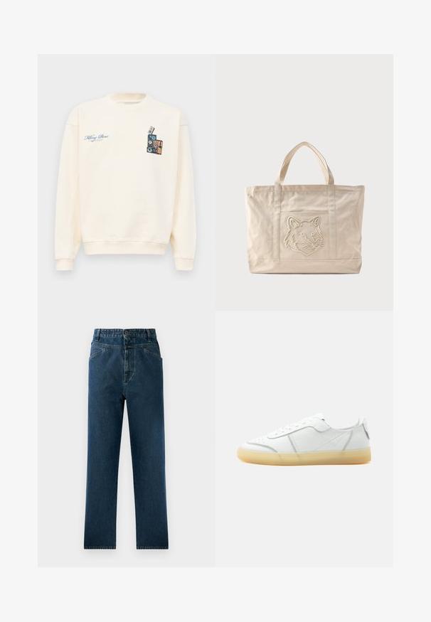 Kreemivärvi crewneck dressipluus, mille vasakul rinnal on sinine tekst "Filling Pieces" ja paremal rinnal virna vintage-kõlareid kujutav graafika.; Tumed sinine denim sirge säärega teksapüksid kõrge vööni, millel on esipockets ja nööbi sulgemine. Tekstureeritud kangas, millel on peened pleekinud kohad.; Valge madala säärega nahast toss beezika läbipaistva tallaga, ees paelad ning minimaalsed õmblused, tuntud küljelt tavalise tausta ees.; Beeži värvusega lõuendist kandekott topeltkäepidemetega ja esitaskul reljeefse hundi pea kujutisega.