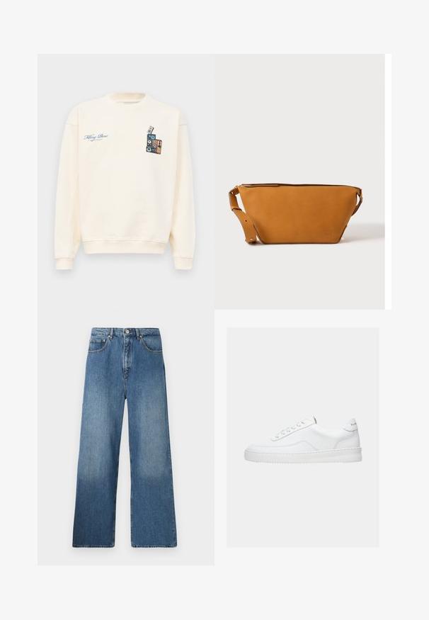 Krémový crewneck sveter s modrým textom "Filling Pieces" na ľavej hrudi a grafikou naskladaných vintage reproduktorov na pravej hrudi.; Džíny s širokými nohavicami v modrej denimovej farbe ponúkajú klasický dizajn s piatimi vreckami, predným zapínaním na gombík a miernym osvetlením pre textúru.; Biela nízka teniska so šnurovacím dizajnom, hladkým koženým zvrškom a hrubou podrážkou, zobrazená z bočného pohľadu na jednoduchom pozadí.; Svetlohnedá kožená crossbody taška s nastaviteľným popruhom a zipsovým uzáverom, zobrazená na jednoduchom svetlom pozadí.