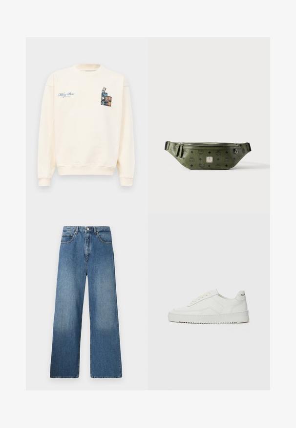 Krémový crewneck sveter s modrým textom "Filling Pieces" na ľavej hrudi a grafikou naskladaných vintage reproduktorov na pravej hrudi.; Džíny s širokými nohavicami v modrej denimovej farbe ponúkajú klasický dizajn s piatimi vreckami, predným zapínaním na gombík a miernym osvetlením pre textúru.; Biele kožené tenisky s hladkým povrchom, okrúly špičkový dizajn, ploché šnúrky a textúrovaná podrážka. Obsahujú jemné logo na päte.; Olivovo zelená textúrovaná kožená ľadvinka s čiernymi logami, strieborným zipsom, dvojitými ťahadlami zipsu a centrálnou striebornou značkovou plaketou.