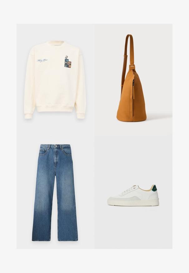 Kreemivärvi crewneck dressipluus, mille vasakul rinnal on sinine tekst "Filling Pieces" ja paremal rinnal virna vintage-kõlareid kujutav graafika.; Laiad sinised denimpüksid, millel on klassikaline viie tasku disain, esine nööbiga sulgemine ja kerge fade efekt tekstuuri jaoks.; Valged tennisjalanõud, millel on sametised aktsendid, ümar varvas, lame nöörid ja kreemjas kummine põhja. Hästi nähtav roheline bränding kannal.; Tee nahast üleõlakott reguleeritava sangaga ja vertikaalse lukkudega taskuga, näidatud küljelt tavalise heleda tausta vastu.