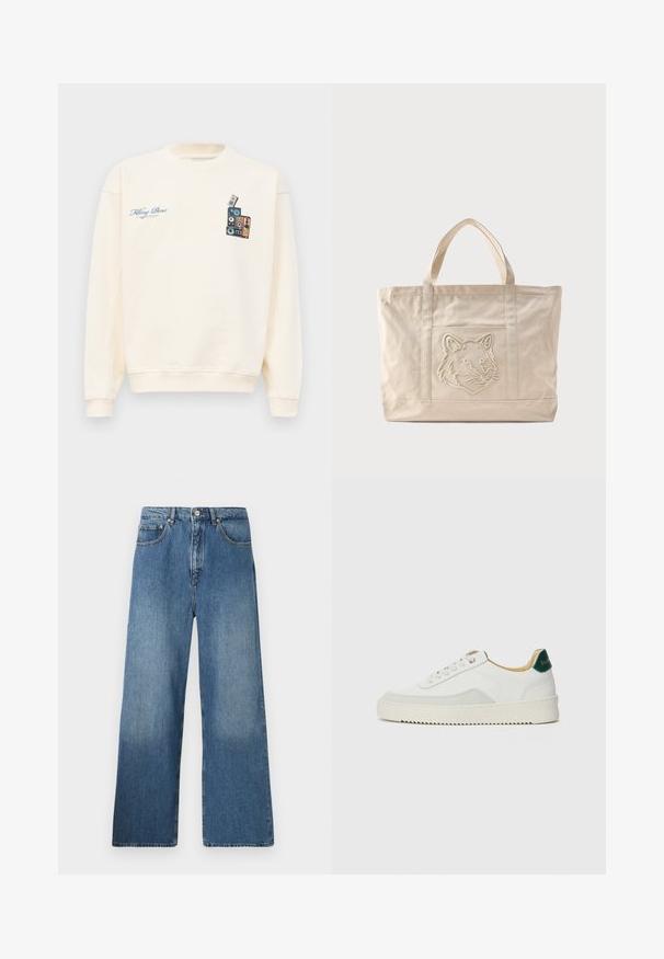 Cremefarvet crewneck sweatshirt med blå tekst "Filling Pieces" på venstre bryst og grafik af stakkede vintage højttalere på højre bryst.; Bredde ben blå denim jeans med et klassisk fem-lomme design, frontlukning med knap og let falming for tekstur.; Hvide sneakers med ruskindsdetaljer, rund tå, flade snørebånd og en cremet gummisål. Har grøn branding på hælen.; Beige lærredsnettaske med dobbelte håndtag og et præget ulvehoveddesign på forlommen.