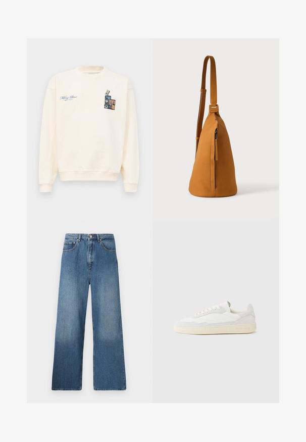 Krémový crewneck sveter s modrým textom "Filling Pieces" na ľavej hrudi a grafikou naskladaných vintage reproduktorov na pravej hrudi.; Džíny s širokými nohavicami v modrej denimovej farbe ponúkajú klasický dizajn s piatimi vreckami, predným zapínaním na gombík a miernym osvetlením pre textúru.; Biela teniska s jemne štruktúrovaným zvrškom zo semišu a kože. Má zaoblenú špičku, viazanie na šnúrky a kontrastnú béžovú gumovú podrážku.; Kožená tanová taška cez rameno s nastaviteľným popruhom a vertikálnym vreckom so zipsom, zobrazená z boku na jednoduchom svetlom pozadí.