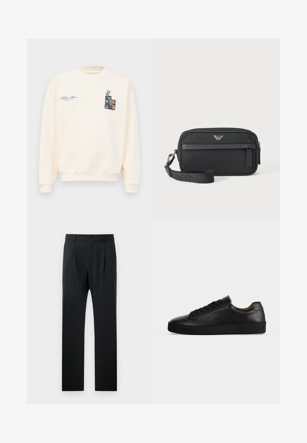 Cremefarvet crewneck sweatshirt med blå tekst "Filling Pieces" på venstre bryst og grafik af stakkede vintage højttalere på højre bryst.; Sort bukser med en skræddersyet pasform, der har en glat tekstur, lige ben og en enkelt knaplukning i taljen.; Sort lavtopet læder-sneaker med sorte snørebånd, tekstureret gummisål og lille præget logo på siden, vist i profil mod grå baggrund.; Sort rektangulær håndledstaske med frontlynlåslomme, sølvlogoemblem og aftagelig rem med mærket tekst.