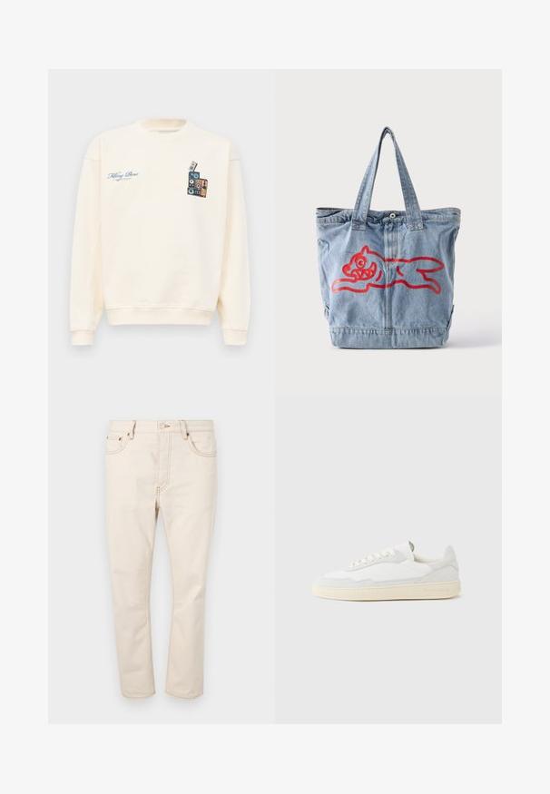 Kreemivärvi crewneck dressipluus, mille vasakul rinnal on sinine tekst "Filling Pieces" ja paremal rinnal virna vintage-kõlareid kujutav graafika.; Beezid denim teksad sirge lõikega, viie tasku, kontrastse õmbluse ja nööpiga kinnitusega vööaias.; Valge tennisejalanõu, mille ülemine osa on valmistatud tekstuurse seemisnahast ja nahast. Omab ümarat ninaosa, paeltega sulgurit ja kontrastset beeži kummist tallaga.; Hele helesinine teksakott kahe sangaga, esiküljel punase joonisena jooksev koomikslooma kujutis.