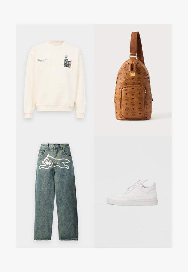 Crèmekleurige crewneck sweatshirt met blauwe tekst "Filling Pieces" op de linkerborst en een afbeelding van gestapelde vintage speakers op de rechterborst.; Lichtblauwe denim jeans met een losse pasvorm, met een grote afbeelding van een witte kat op het linkerbeen en een traditionele vijf-pocket ontwerp.; Witte leren sneaker met een afgeronde neus, platte zool en veters aan de voorkant. Voorzien van stikseldetails en een gevoerde kraag voor comfort.; Bruine leren slingrugzak met zwart diamant- en MCM-logo patroon, voorvak met ritssluiting, gouden rits en verstelbare band.