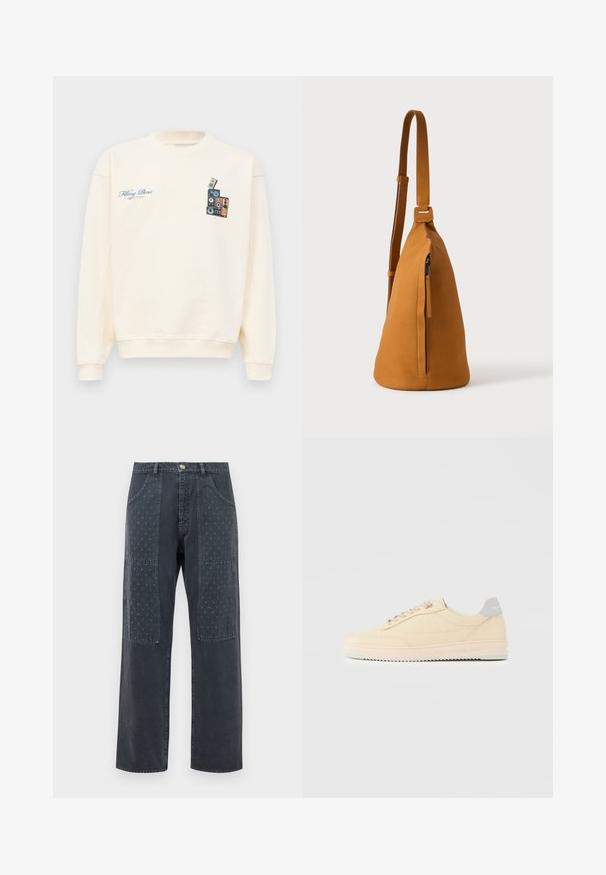 Kreemivärvi crewneck dressipluus, mille vasakul rinnal on sinine tekst "Filling Pieces" ja paremal rinnal virna vintage-kõlareid kujutav graafika.; Tumedatehallased teksad, millel on laia jala lõige, esiosas kaunistavad dekoratiivsed plaastrid, millel on peen lillemuster ning tavaline tasku detail.; Madala ülaosaga beež vabaajajalats, ees paeltest kinnitatav, heleroosa tallaga ja halli kandetudetailiga, millel on silt „Filling Pieces“, esitatud külgvaates tavalise tausta ees.; Tee nahast üleõlakott reguleeritava sangaga ja vertikaalse lukkudega taskuga, näidatud küljelt tavalise heleda tausta vastu.