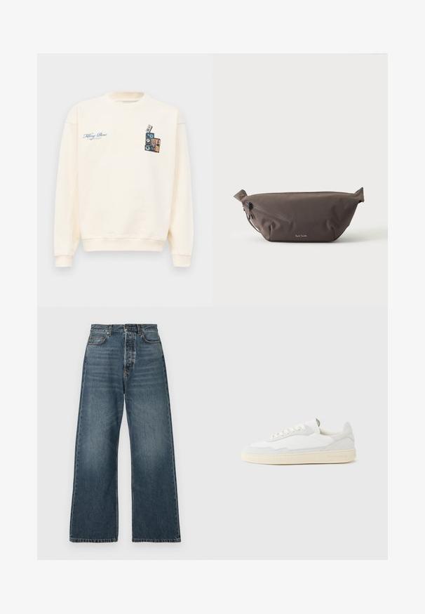 Krémový crewneck sveter s modrým textom "Filling Pieces" na ľavej hrudi a grafikou naskladaných vintage reproduktorov na pravej hrudi.; Džíny s vysokým pásom a širokými nohavicami, modrej farby, s prednými vreckami, pútkami na opasok a zapínaním na gombík, vyrobené z denimovej látky s stredným praním.; Biela teniska s jemne štruktúrovaným zvrškom zo semišu a kože. Má zaoblenú špičku, viazanie na šnúrky a kontrastnú béžovú gumovú podrážku.; Tmavohnedá látková ľadvinka s diagonálnym zipsovým vreckom a malým bielym logom vpredu, na jednofarebnom svetlom pozadí.