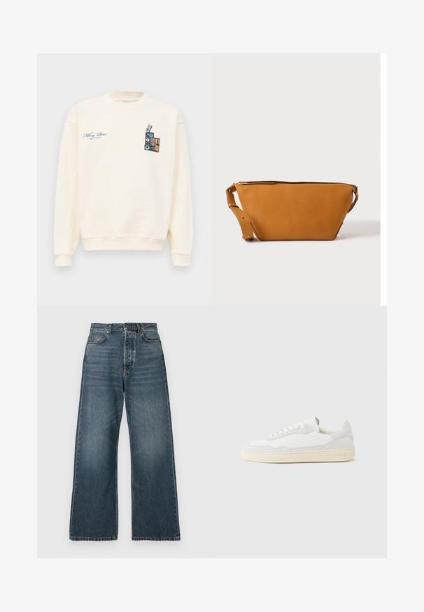 Cremefarvet crewneck sweatshirt med blå tekst "Filling Pieces" på venstre bryst og grafik af stakkede vintage højttalere på højre bryst.; Højtaljede, brede ben blå jeans med forlommer, bælteløkker og knaplukning, lavet af medium-vasket denim.; Hvid sneakers med en øvre del i tekstureret ruskind og læder. Har rundet tå, snørelukning og kontrasterende beige gummisål.; Lys brun læder crossbody taske med justerbar rem og lynlås, vist mod en ensartet lys baggrund.