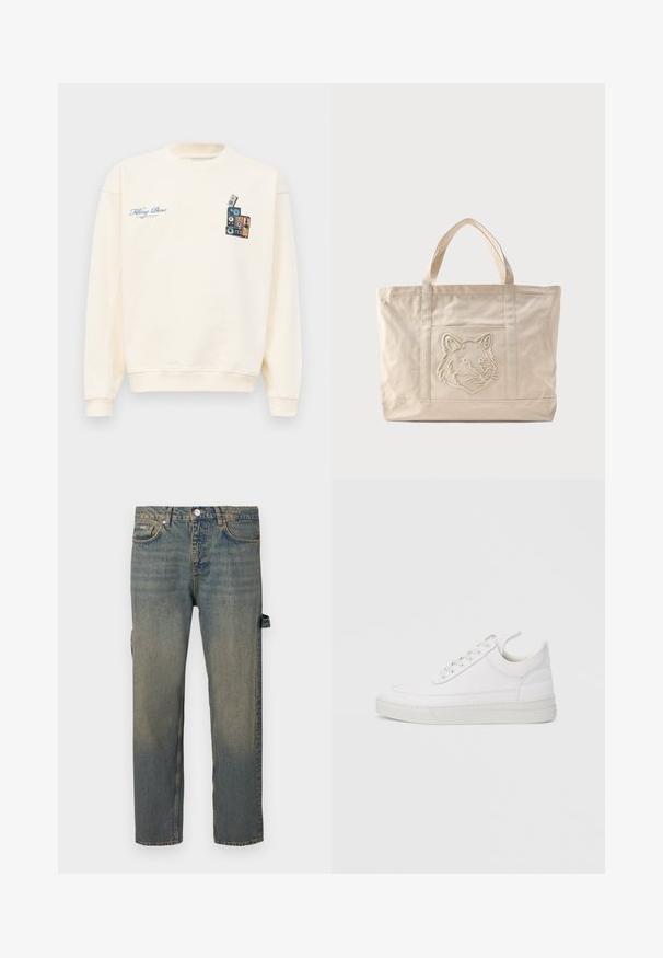Cremefarvet crewneck sweatshirt med blå tekst "Filling Pieces" på venstre bryst og grafik af stakkede vintage højttalere på højre bryst.; Lysblå denimjeans med en falmet effekt, lige ben design, fem lommer og bæltestropper. Har en detaljeret side-rem.; Hvid lædersneaker med rundet tå, flad sål og snørebånd foran. Har syningsdetaljer og polstret krave for komfort.; Beige lærredsnettaske med dobbelte håndtag og et præget ulvehoveddesign på forlommen.