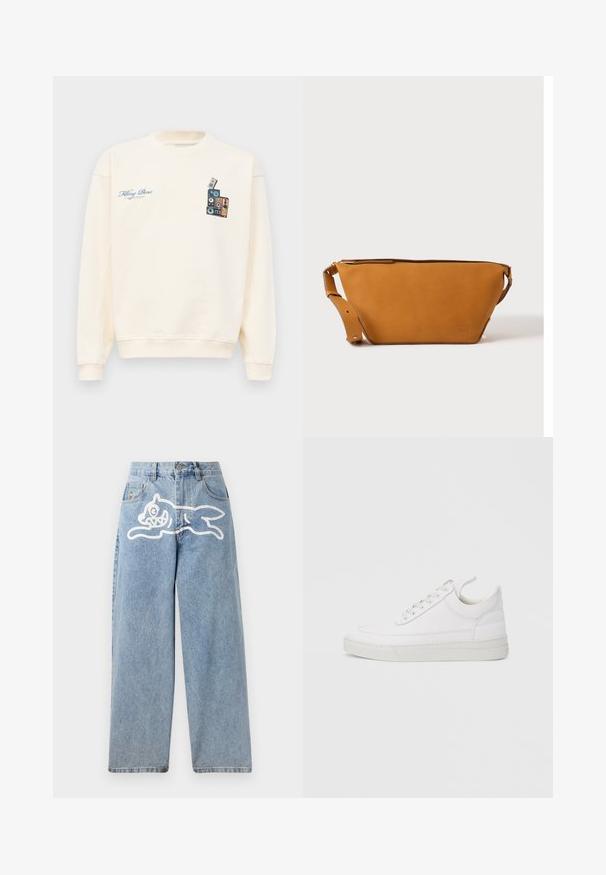 Crèmekleurige crewneck sweatshirt met blauwe tekst "Filling Pieces" op de linkerborst en een afbeelding van gestapelde vintage speakers op de rechterborst.; Lichteblauwe denim jeans met een relaxte, wijde pasvorm. Heeft een witte grafische afbeelding van een rennende kat aan de achterkant. Klassiek ontwerp met vijf zakken.; Witte leren sneaker met een afgeronde neus, platte zool en veters aan de voorkant. Voorzien van stikseldetails en een gevoerde kraag voor comfort.; Lichtbruine leren crossbodytas met verstelbare band en ritssluiting, getoond tegen een effen lichte achtergrond.