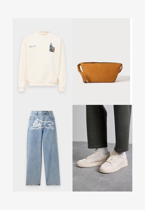 Cremefarvet crewneck sweatshirt med blå tekst "Filling Pieces" på venstre bryst og grafik af stakkede vintage højttalere på højre bryst.; Lysblå denimjeans med en afslappet, bred pasform. Har et hvidt motiv af en løbende kat på bagsiden. Klassisk fem-lomme design.; Beige sneakers lavet af ruskind og mesh, med perforerede detaljer, flade snørebånd og en tykk sål. Båret med grønne fløjlbukser.; Lys brun læder crossbody taske med justerbar rem og lynlås, vist mod en ensartet lys baggrund.