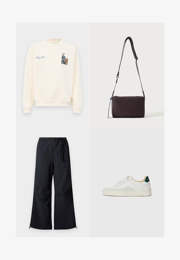 Cremefarvet crewneck sweatshirt med blå tekst "Filling Pieces" på venstre bryst og grafik af stakkede vintage højttalere på højre bryst.; Sorte bukser med vide ben lavet af letvægtstof. Har bælte, to store sidelommer og justerbare kanter med snorlås.; Hvide sneakers med ruskindsdetaljer, rund tå, flade snørebånd og en cremet gummisål. Har grøn branding på hælen.; Mørkebrun textured læder crossbody taske med justerbar rem og lille dekorativ blå accent på siden.