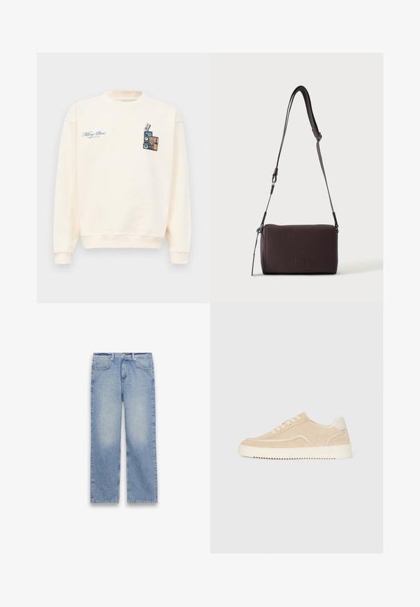 Crèmekleurige crewneck sweatshirt met blauwe tekst "Filling Pieces" op de linkerborst en een afbeelding van gestapelde vintage speakers op de rechterborst.; Lichtblauwe straight-leg spijkerbroek met vijf zakken, riemlussen en een knoop- en ritsluiting.; Beige suède sneaker met witte zool en veters, low-top ontwerp en zigzagprofiel op de zool.; Donkerbruine gestructureerde leren crossbodytas met verstelbare riem en klein decoratief blauw accent aan de zijkant.