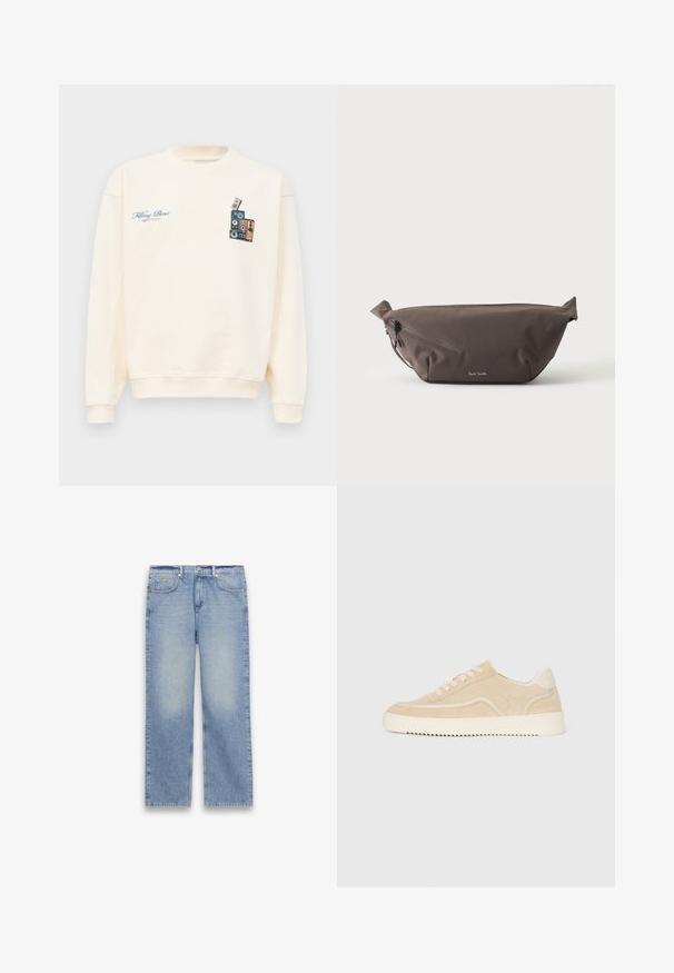 Krémový crewneck sveter s modrým textom "Filling Pieces" na ľavej hrudi a grafikou naskladaných vintage reproduktorov na pravej hrudi.; Svetlomodré rifle rovného strihu s piatimi vreckami, pútkami na opasok a zapínaním na gombík a zips.; Bežové semišové tenisky s bielou podrážkou a šnúrkami, nízkoprofilový dizajn a zubatý vzor na podrážke.; Tmavohnedá látková ľadvinka s diagonálnym zipsovým vreckom a malým bielym logom vpredu, na jednofarebnom svetlom pozadí.