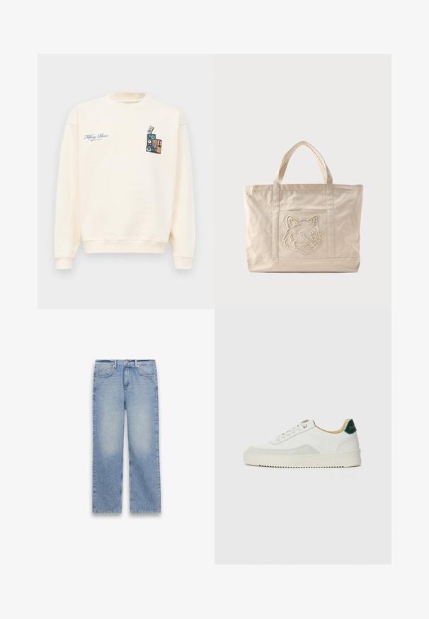 Kreemivärvi crewneck dressipluus, mille vasakul rinnal on sinine tekst "Filling Pieces" ja paremal rinnal virna vintage-kõlareid kujutav graafika.; Helehallid sirgelõikelised teksapüksid, millel on viis taskut, vöökohad ning nööp- ja tõmblukuskinnitus.; Valged tennisjalanõud, millel on sametised aktsendid, ümar varvas, lame nöörid ja kreemjas kummine põhja. Hästi nähtav roheline bränding kannal.; Beeži värvusega lõuendist kandekott topeltkäepidemetega ja esitaskul reljeefse hundi pea kujutisega.