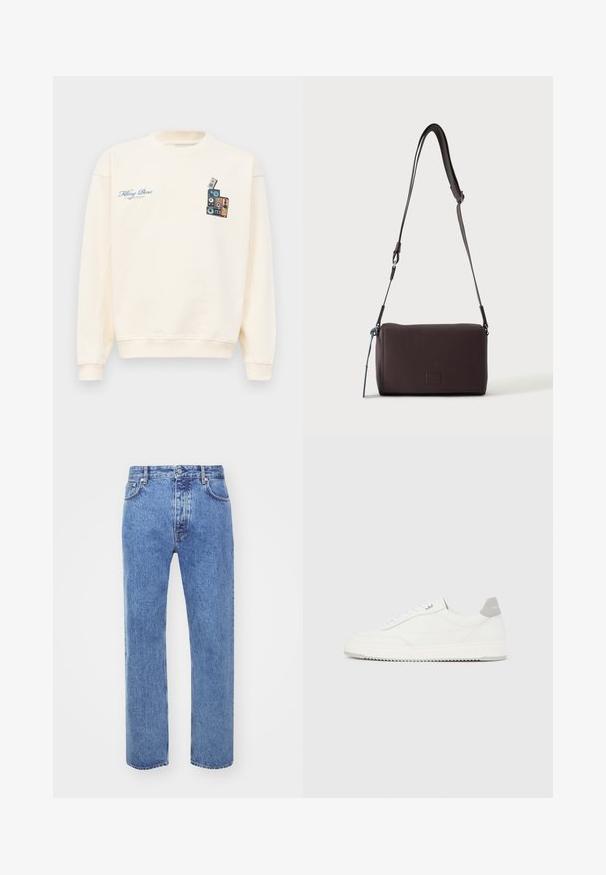 Crèmekleurige crewneck sweatshirt met blauwe tekst "Filling Pieces" op de linkerborst en een afbeelding van gestapelde vintage speakers op de rechterborst.; Won Hundred STEVE - Relaxed fit jeans - cut blue; Witte lage sneaker met grijze hielpatch, witte veters en een gestructureerde zool, gepresenteerd op een effen lichte achtergrond.; Donkerbruine gestructureerde leren crossbodytas met verstelbare riem en klein decoratief blauw accent aan de zijkant.