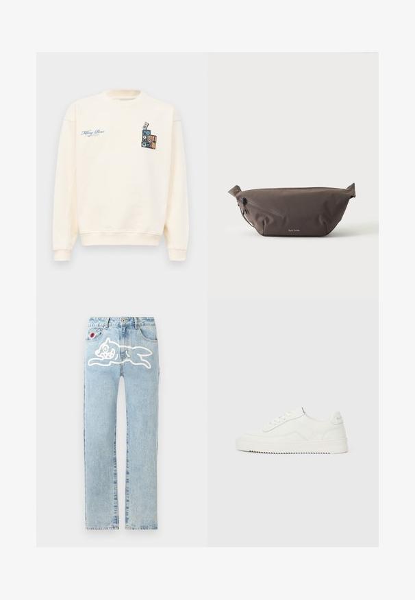 Krémový crewneck sveter s modrým textom "Filling Pieces" na ľavej hrudi a grafikou naskladaných vintage reproduktorov na pravej hrudi.; Icecream RUNNING DOG PANT - Džínsy s rovným strihom - heavy wash blue; Nízke biele kožené tenisky so šnurovaním, štruktúrovanou pätovou časťou a mierne ryhovanou bielou gumovou podrážkou na jednoduchej svetlej pozadí.; Tmavohnedá látková ľadvinka s diagonálnym zipsovým vreckom a malým bielym logom vpredu, na jednofarebnom svetlom pozadí.