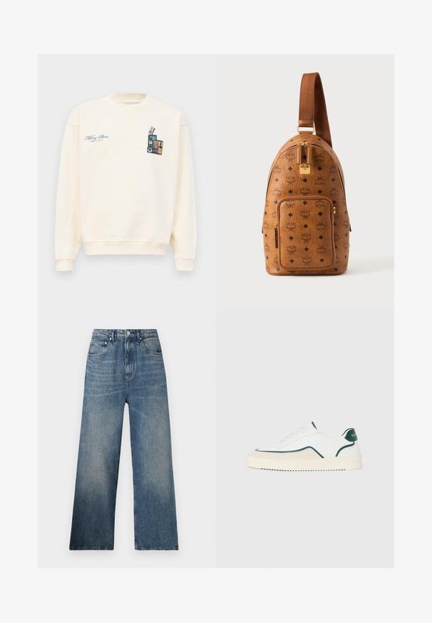 Crèmekleurige crewneck sweatshirt met blauwe tekst "Filling Pieces" op de linkerborst en een afbeelding van gestapelde vintage speakers op de rechterborst.; Blauwe denim wijdgerande jeans met een hoge taille, voorzien van subtiele vervaging, vijf zakken en een metalen knoopsluiting aan de voorkant.; Witte lage sneakers met groene accenten, beige suede details en een crème-kleurige zool met een geribbelde onderkant.; Bruine leren slingrugzak met zwart diamant- en MCM-logo patroon, voorvak met ritssluiting, gouden rits en verstelbare band.