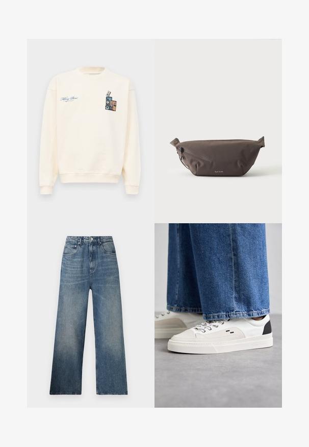 Crèmekleurige crewneck sweatshirt met blauwe tekst "Filling Pieces" op de linkerborst en een afbeelding van gestapelde vintage speakers op de rechterborst.; Blauwe denim wijdgerande jeans met een hoge taille, voorzien van subtiele vervaging, vijf zakken en een metalen knoopsluiting aan de voorkant.; Witte en zwarte sneakers met een glad leren bovenwerk, textuuraccenten en een chunky witte zool. Heeft een klassiek vetersluiting ontwerp.; Donkerbruine stoffen heuptas met diagonale ritssluiting en klein wit logo aan de voorkant, tegen een effen lichte achtergrond.