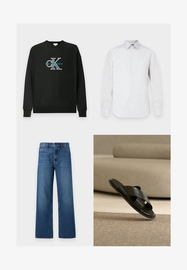 Sort sweatshirt lavet af bomuld med rund hals, lange ærmer og et grafisk logo "CK" i hvid og teal på brystet.; Hvid langærmet skjorte med tynde, lodrette grå striber, knaplukning foran, spids krave og broderet logo på brystet.; Blå, højtaljede, straight-fit jeans med knapper og lynlås foran, fem lommer og en lille mærket patch på højre lomme.; Sort læder slide sandal med krydsede stropper, der svæver over et tekstureret beige tæppe i et neutralt tonet rum med en sofa i baggrunden.