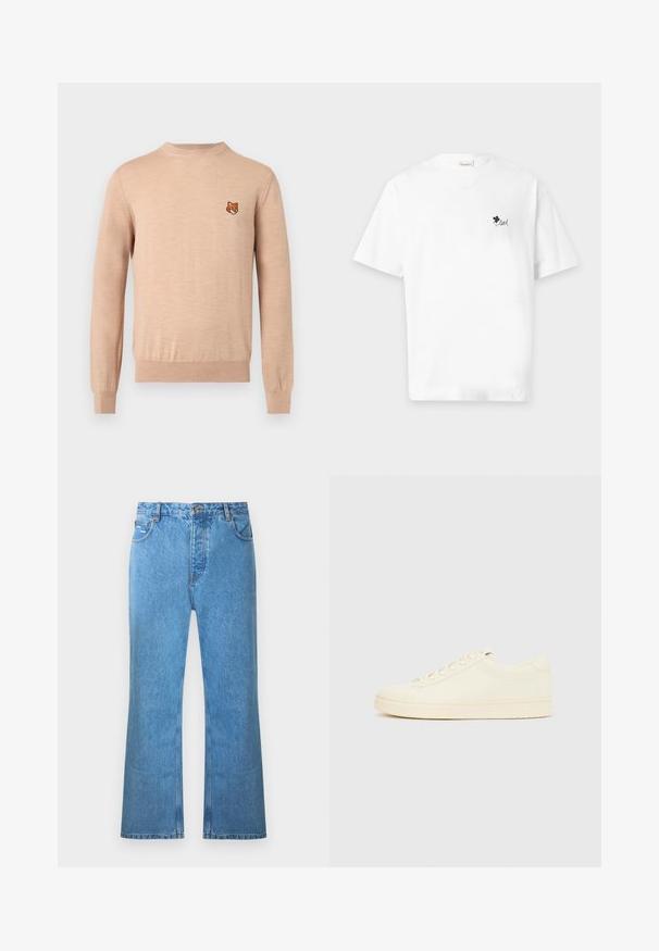 Pull beige à manches longues avec col rond, poignets et ourlet côtelés, arborant un petit emblème de tête de renard orange sur le côté gauche de la poitrine.; T-shirt blanc à manches courtes avec un petit trèfle noir et le mot "loved" imprimé sur la poitrine gauche.; Jean évasé en denim bleu clair avec une taille haute, cinq poches et un délavage subtil. Comprend des accents de couture et une fermeture à bouton.; Baskets couleur crème avec une tige en cuir lisse, bout arrondi, laçage à l'avant et semelle en caoutchouc texturée. Design minimaliste, sans logo.