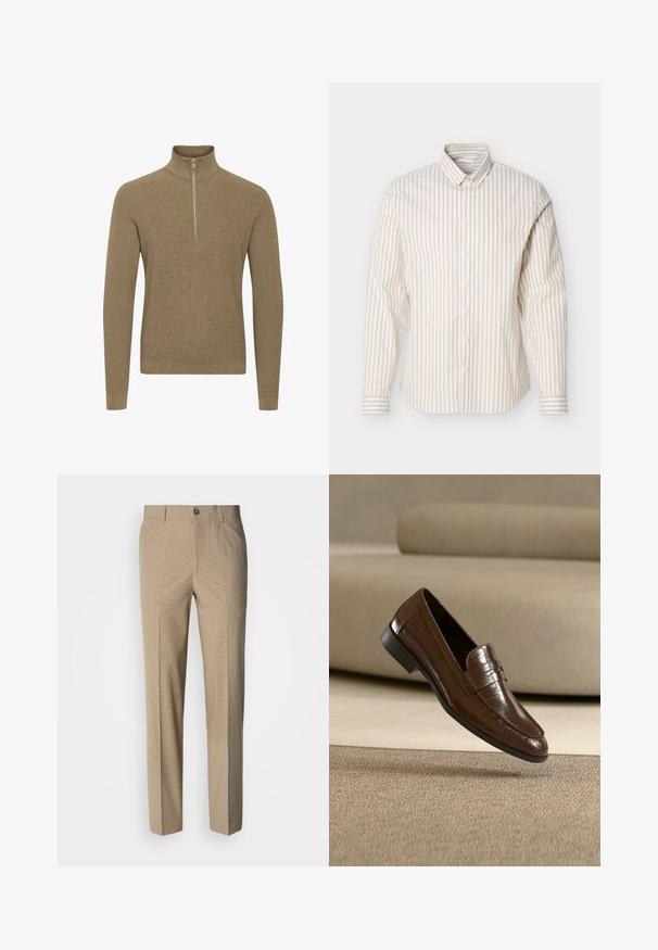 Brun lynlås sweater med høj krave, lavet af struktureret strikstof. Har lange ærmer og en tætsiddende design.; Beige og hvid langærmet skjorte med lodrette striber og knapper foran, med en knaplukket krave, vist på en ensfarvet hvid baggrund.; Beige bukser med ternet mønster og lige ben, der har lukning med knap og glat stofstruktur.; Brun læderloafer med et struktureret mønster, der svæver over et beige tæppe med en matchende beige sofa i baggrunden.