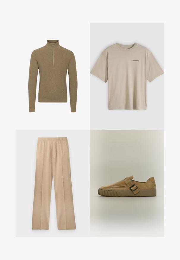 Pull en zip marron avec un col haut, fabriqué en tissu tricoté texturé. Il présente des manches longues et une coupe ajustée.; T-shirt en coton beige à manches courtes, col rond, avec un petit logo noir sur la poitrine gauche. Ourlet droit et coupe décontractée.; Pantalons larges beiges fabriqués dans un tissu texturé, dotés d'une taille élastique et sans poches ni embellissements visibles.; Chaussure à enfiler en daim couleur camel avec une semelle épaisse en caoutchouc et une bride avec boucle noire sur le dessus, vue de côté sur fond uni.