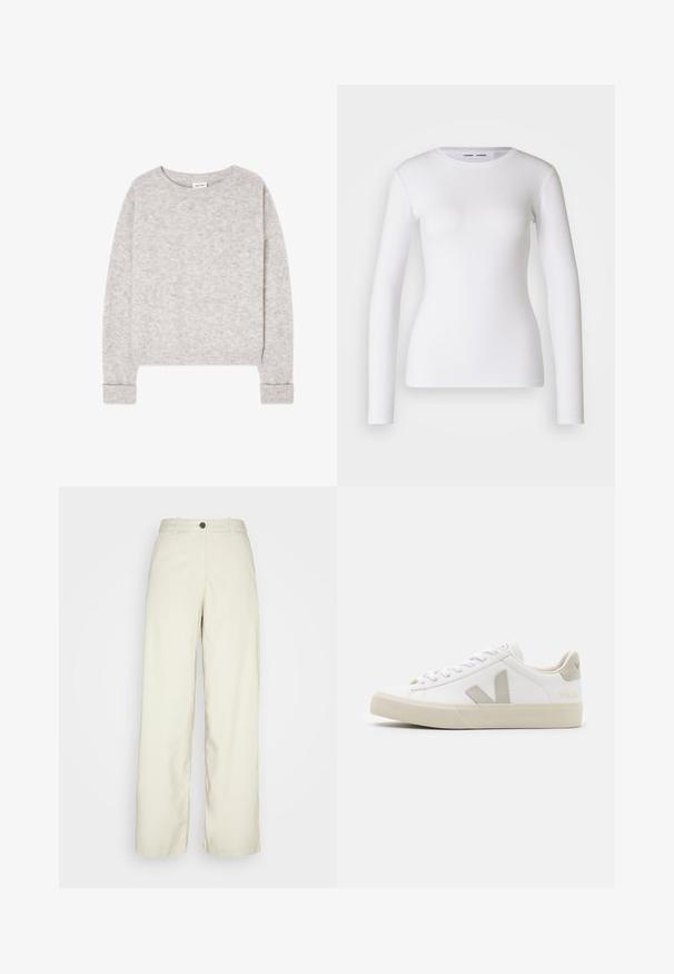 Lichtgrijze gebreide trui met lange mouwen, ronde hals en geribbelde boorden en zoom, plat liggend op een witte achtergrond.; Witte longsleeve shirt van ribstof, met een ronde halslijn en een getailleerde vorm. Er zijn geen patronen of accenten aanwezig.; Weekday ELIO - Broek - beige dusty light; Witte sneakers van leer met grijze V-logo accenten, een gestructureerde rubberen zool, witte veters en een gevoerde tong en kraag.
