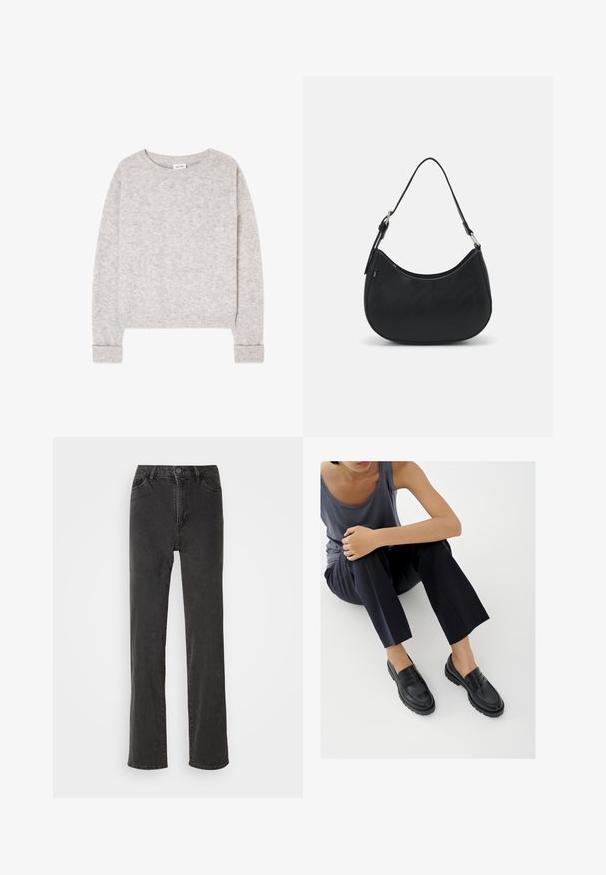 Lysegrå strikket trøje med lange ærmer, rund hals og ribstrikkede manchetter og kant, lagt fladt på en hvid baggrund.; Sorte denim jeans med lige skæring, høj talje, fem lommer og knaplukning. Materialet har en let tekstur, uden synlige mønstre.; Sorte læderloafers med teksturerede detaljer, lav hæl, rund tå og synlige syninger. Modellen bærer mørke bukser og en grå top.; Sort hobo taske lavet af glat læder med en buet silhuet, der har en enkelt justerbar skulderrem og minimalistiske designdetaljer.