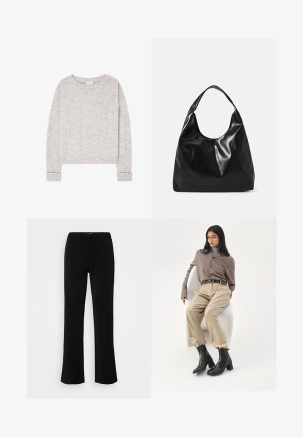 Pull gris clair en maille à manches longues avec col rond et poignets et ourlet côtelés, posé à plat sur un fond blanc.; Pantalons noirs avec un design évasé, fabriqués en tissu lisse. Présentent une taille élastique pour le confort et une silhouette épurée et simple.; Femme aux longs cheveux noirs appuyée sur une chaise blanche courbée, portant un chemisier taupe, un pantalon beige, une ceinture noire et des bottines noires à talons.; Sac hobo en cuir noir avec une texture douce et brillante et un haut ouvert arrondi. Dispose d'une large sangle courbée pour le transport. Pas de matériel visible.