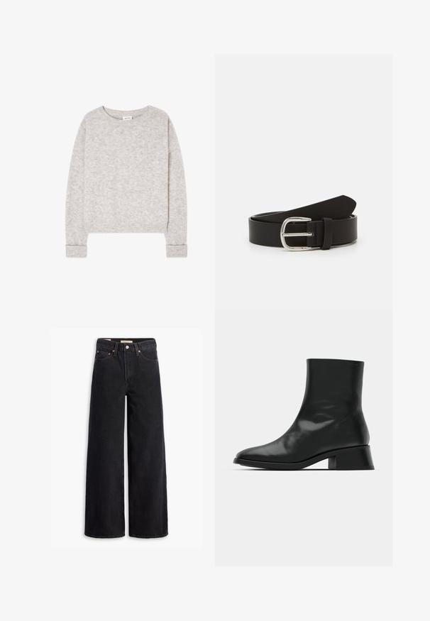 Lysegrå strikket trøje med lange ærmer, rund hals og ribstrikkede manchetter og kant, lagt fladt på en hvid baggrund.; Sorte brede benjeans lavet af denim, med fem lommer, kobbernitter og en klassisk knaplukning. Glat tekstur med et rent design.; Sort ankelstøvle lavet af blank læder, med et strømlinet design, spids tå og en moderat blokhælhøjde for stabilitet.; Sort læderbælte med en glat overflade, der har en metal sølv spænde og en tilspidset ende. Enkel, klassisk design.
