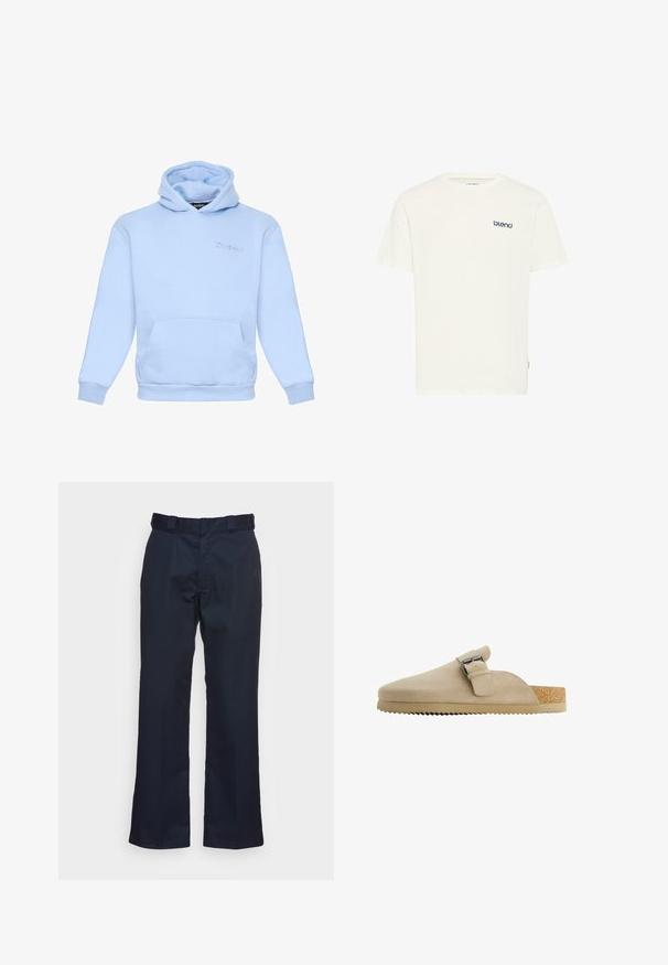 Vaaleansininen huppari pehmeästä materiaalista, jossa on etutasku, joustavat hihansuut ja brodeerattu logo rinnassa.; Valkoinen lyhythihainen pyöreäkauluksinen t-paita, jossa pieni sininen "blend"-logo vasemmassa rinnassa, esitetty yksinkertaisella valkoisella taustalla.; Tummansiniset housut suoran lahkeen muotoilulla, valmistettu sileästä kankaasta, jossa on normaali vyötärö ja ei näkyviä kuvioita tai kiinnikkeitä.; Beige mokasīnivaljaat, millel on kaardus kuju, reguleeritav metallnöör ja tekstureeritud korkjalats. Väljalaskeosa omaduseks on hambuline serv haarde tagamiseks.