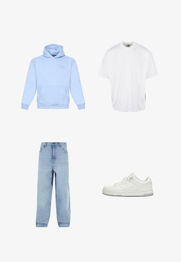 Hoodie bleu clair en tissu doux, avec une poche frontale, des poignets élastiques et un logo brodé sur la poitrine.; T-shirt en coton blanc avec une coupe décontractée, des manches courtes et un col rond, présentant un ourlet droit et sans graphiques ni motifs visibles.; Jeans en denim bleu clair avec une coupe ample, taille haute et cinq poches. Dotés de passants de ceinture et d'une fermeture à bouton. Texture douce.; Baskets basses blanches avec lacets à l'avant, coutures détaillées et semelle en caoutchouc grise sur fond blanc.