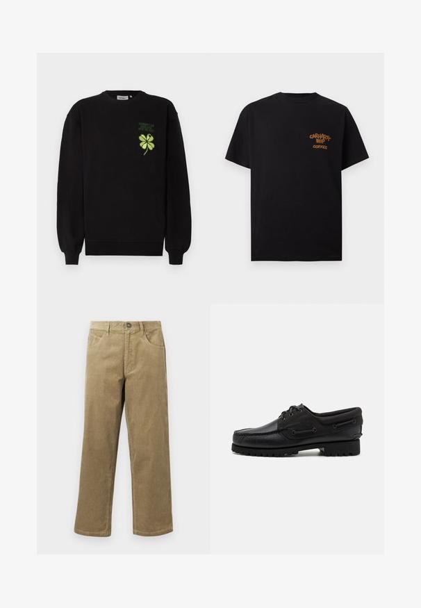 Sweat-shirt noir en tissu doux, avec un trèfle à quatre feuilles vert brodé et un texte sur la poitrine. Poignets et ourlet côtelés.; T-shirt noir à manches courtes avec petit texte marron "Carhartt WIP Coffee" sur la partie gauche de la poitrine.; Pantalon en velours côtelé marron clair, avec une coupe droite, cinq poches et une fermeture à bouton. Tissu texturé avec un léger effet de côtes.; Chaussure noire avec un dessus en cuir, des accents textiles, des lacets ronds et une semelle en caoutchouc texturé. Présente des coutures mocassins et des détails de marque.