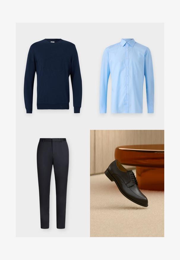 Marineblauwe sweatshirt van een katoenmix, met een ronde ronde hals, lange mouwen, geribbelde manchetten en onderrand, en een verhoogd logodesign aan de voorkant.; Lichtblauw langschedige overhemd van katoen. Heeft een klassieke kraag en een knoopsluiting aan de voorkant. Gladde textuur met een getailleerde pasvorm.; Zwarte, op maat gemaakte slim-fit broek met riemlussen en verborgen voorzijde sluiting, weergegeven tegen een witte achtergrond.; Zwarte leren veterschoen zwevend boven een beige tapijt, met een ronde oranje tafel op de achtergrond.