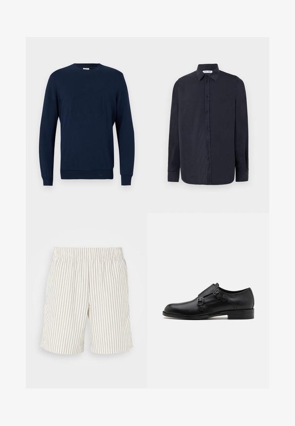 Marineblauwe sweatshirt van een katoenmix, met een ronde ronde hals, lange mouwen, geribbelde manchetten en onderrand, en een verhoogd logodesign aan de voorkant.; Samsøe Samsøe RYAN SHIRT - Overhemd - salute; Gestreepte shorts van een lichtgewicht, ademend materiaal. De kleur is gebroken wit met dunne, verticale grijze strepen. Elastische tailleband.; Zwarte leren dresschoen met dubbele gespen, slank silhouet en ronde neus. Kenmerkt zich door een lage hak en een gladde textuur.
