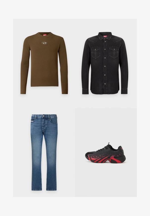 Brun ribbet langærmet top med rund hals og et logopatch på brystet. Teksturen er glat og tætsiddende, lavet af strækbart materiale.; Sort denim langærmet skjorte med trykknapper, spids krave og to forlommer. Har en let glans og kontrastsyning.; Blå denimjeans med lige ben, design med fem lommer og en falmet finish. Har bæltestropper i taljen og lukning med metalknap.; Sort og rød atletik sko med tekstureret overdel med mønsterdetaljer, snørelukning og tyk gummisål.
