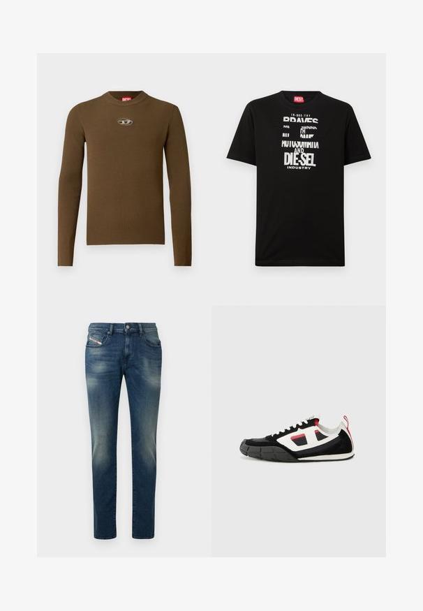 Brun ribbet langærmet top med rund hals og et logopatch på brystet. Teksturen er glat og tætsiddende, lavet af strækbart materiale.; Sort bomulds-T-shirt med fed hvide tekstgrafik, herunder "DIESEL" og "INDUSTRY", med rund halsudskæring og korte ærmer.; Mørkeblå denimjeans med en falmet vask, lige ben og et let slid på knæet. Har forlommer og lukning med metalknap.; Diesel S PAGODHA LOW - Sneakers - black