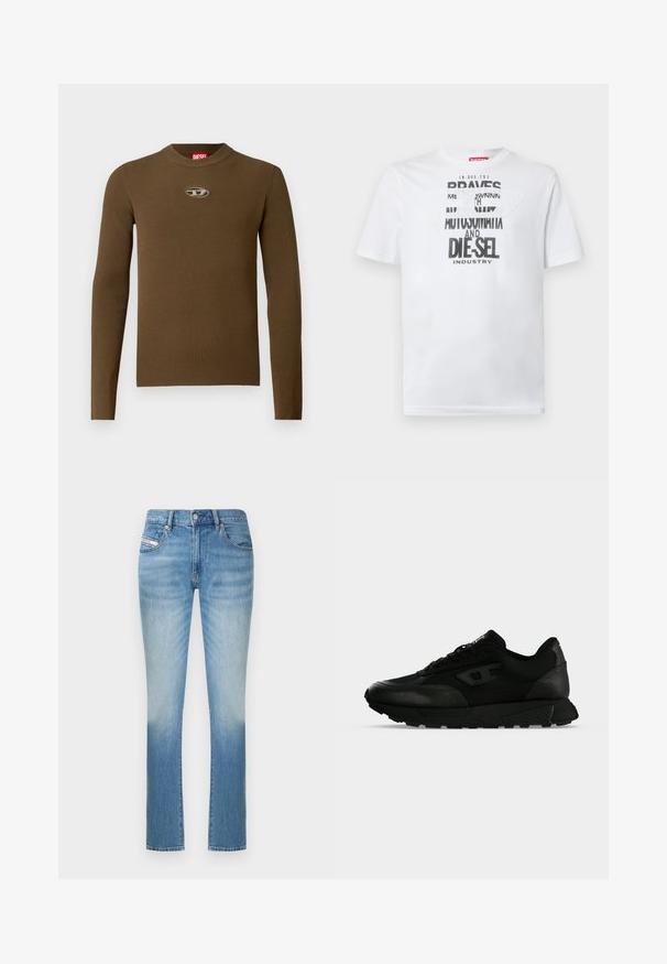 Hnedý rebrovaný top s dlhými rukávmi, s okrúhlym výstrihom a logom na hrudi. Textúra je hladká a priliehajúca, vyrobená z elastického materiálu.; Biele bavlnené tričko s výraznou čiernou typografiou s nápismi "BRAVES" a "DIE-SEL INDUSTRY" a polopriehľadným výrezovým dizajnom.; Svetlomodré džínsové nohavice s priliehavým strihom, rovné nohavice so subtílnym vyblednutím smerom ku dnu. Klasický štýl s piatimi vreckami.; Čierna nízka teniska s textúrovanou kožou a látkovými panelmi, šnurovaná so silnou gumovou podrážkou na jednoduchom svetlom pozadí.