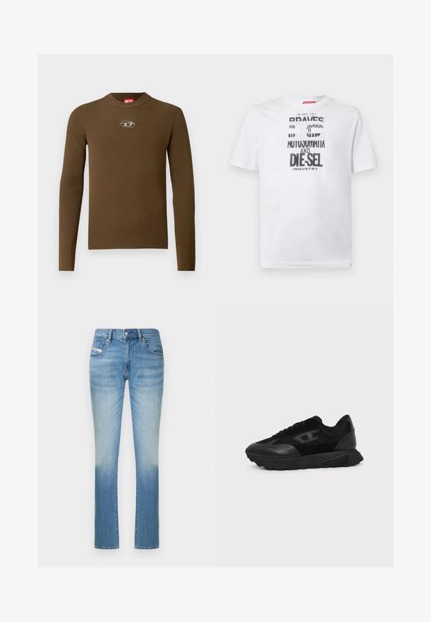 Top de manga larga de canalé marrón con cuello redondo y un parche con logo en el pecho. La textura es suave y ajustada, fabricada en material elástico.; Camiseta blanca de algodón con tipografía negra audaz que muestra las palabras "BRAVES" y "DIE-SEL INDUSTRY" y un diseño de recorte semitransparente.; Vaqueros de mezclilla azul claro con un diseño ajustado, con una pierna recta y un sutil efecto de desgaste hacia la parte inferior. Estilo clásico de cinco bolsillos.; Zapatilla negra de corte bajo con suela texturizada, parte superior de malla y cuero, cierre de cordones en la parte delantera y un pequeño logo en relieve en el panel lateral.